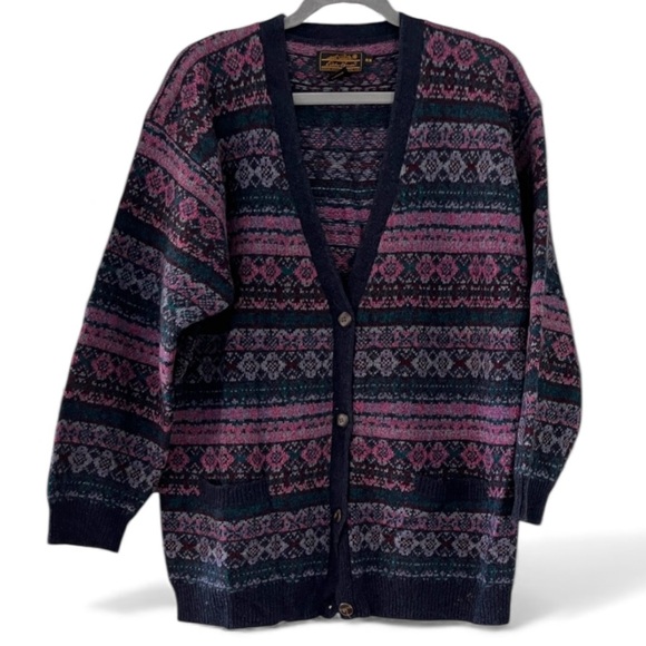 Eddie Bauer Wool Fairisle Cardigan Sweater Sz Medium Oversized Vintage - Picture 1 of 11